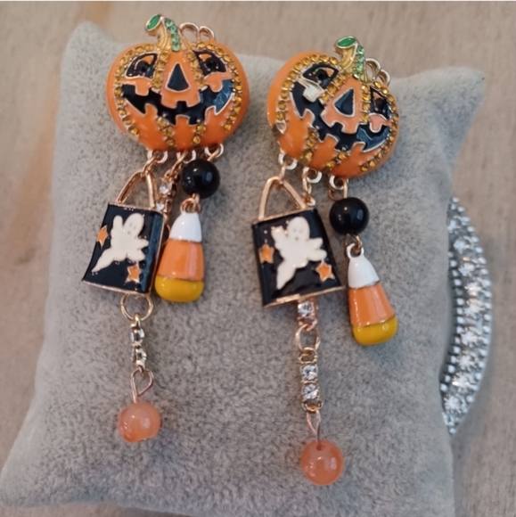 Orange Jack-o-lantern Halloween Candy Rhinestone Dangle Drop Stud Earrings - Picture 7 of 11